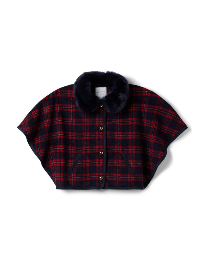 Plaid Faux Fur Collar Cape