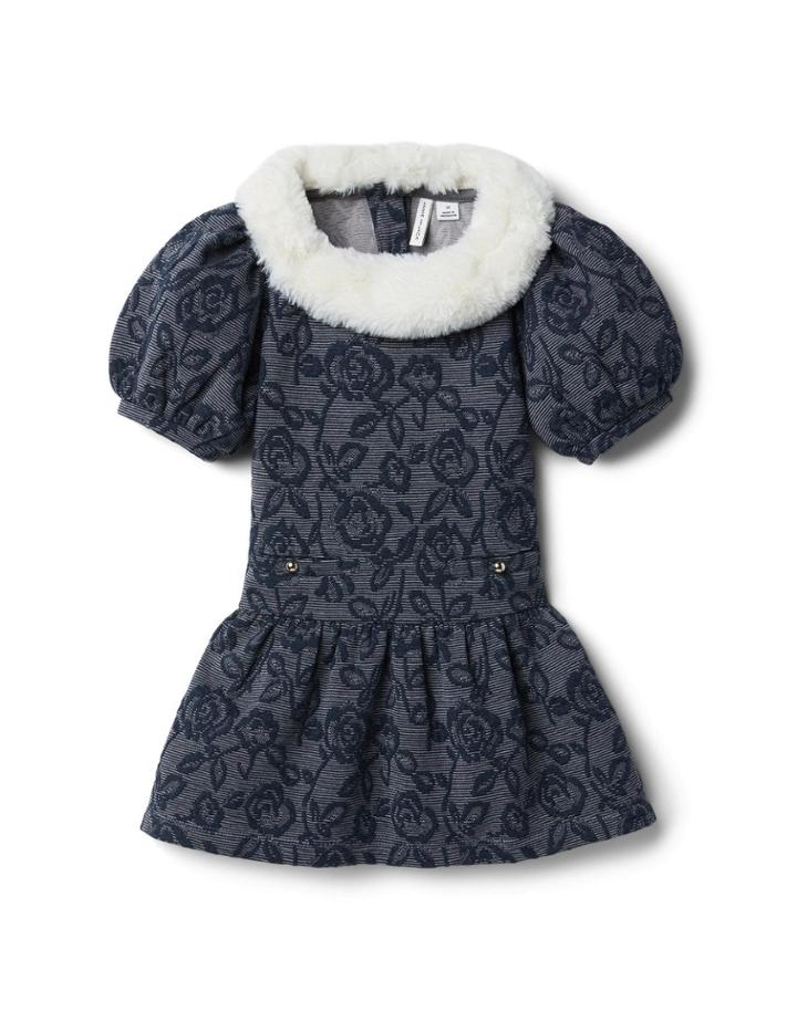 Faux Fur Collar Floral Jacquard Dress