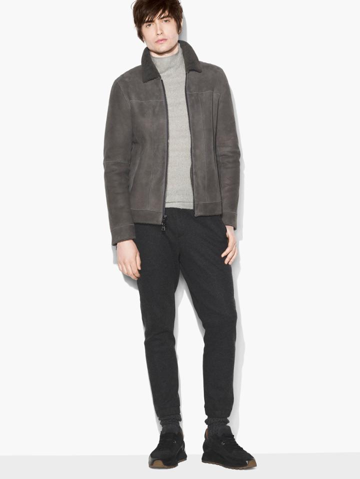 John Varvatos Shearling Zip Front Jacket Bluestone Size: 44