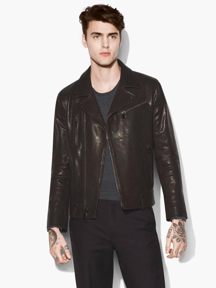 John Varvatos Leather Biker Jacket Chocolate Size: 44