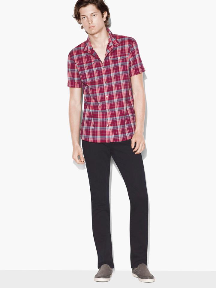 John Varvatos Short Sleeve Plaid Shirt Burgundy Size: Xs