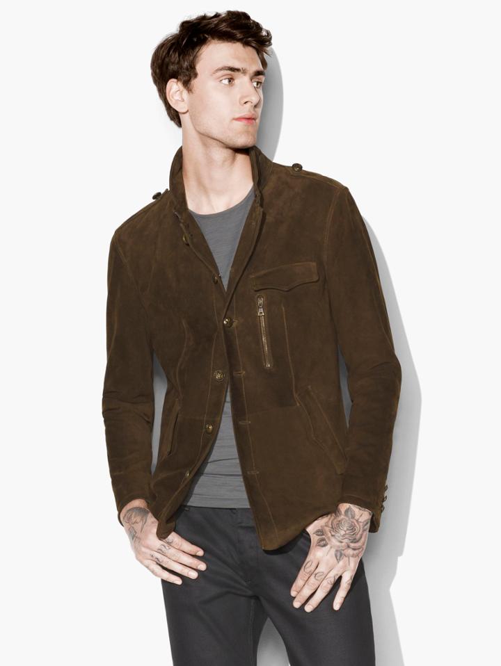 John Varvatos Suede Modern Military Jacket Whiskey Size: 46