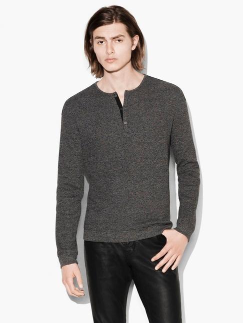 John Varvatos Long Sleeved Henley With Woven Trim Shoulder Detai