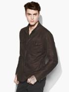 John Varvatos Leather Military Shirt Jacket Loden Size: 46