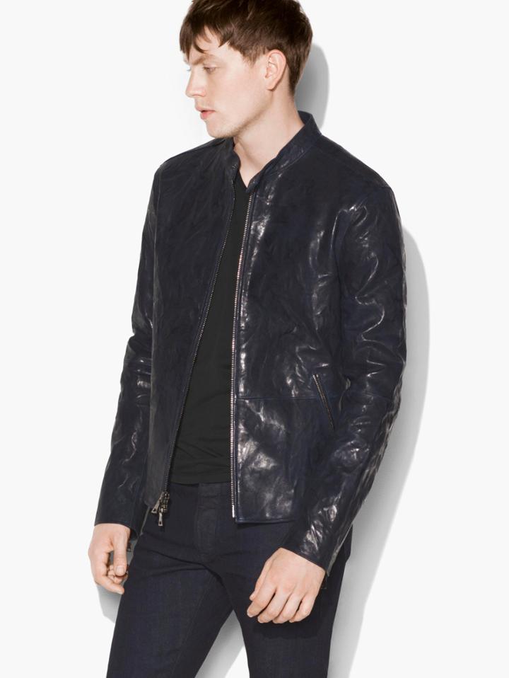 John Varvatos Indigo Leather Jacket Deep Blue Size: 46