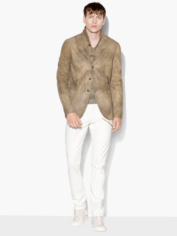 John Varvatos Leather Cutaway Jacket Fossil Size: 44