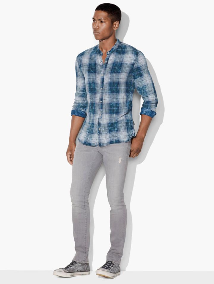 John Varvatos Plaid Snap-front Shirt Indigo Size: L
