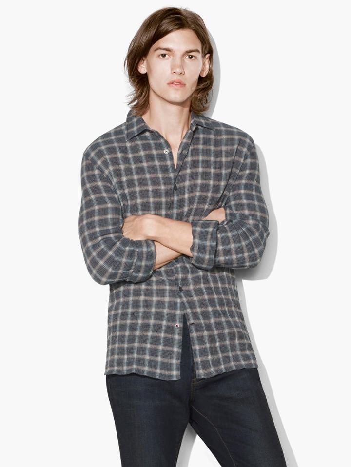John Varvatos Plaid Shirt Officer Blue Size: Xs