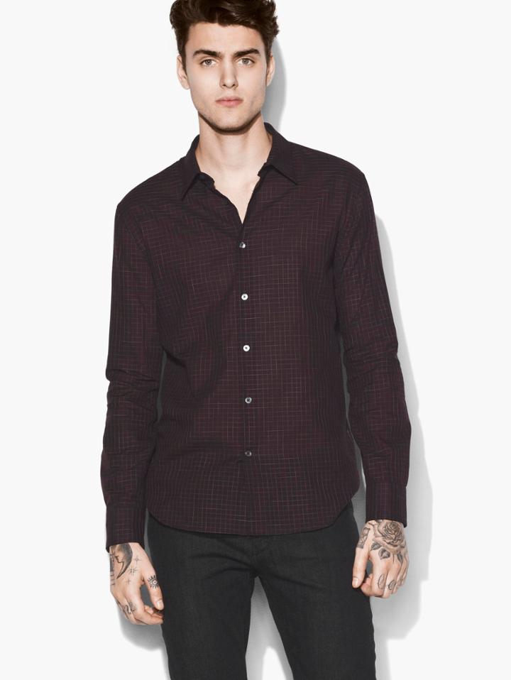 John Varvatos Tonal Check Shirt Bordeaux Size: S