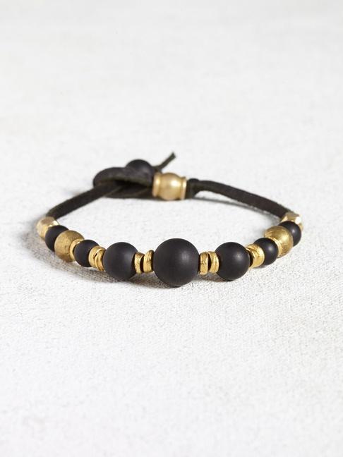 John Varvatos Leather Bracelet With Brass And Onyx Beads