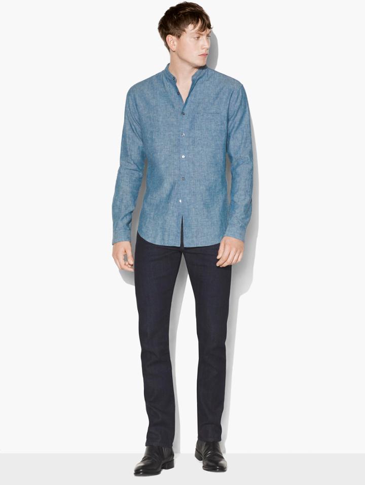 John Varvatos Chambray Band Collar Shirt Dusted Blue Size: Xs