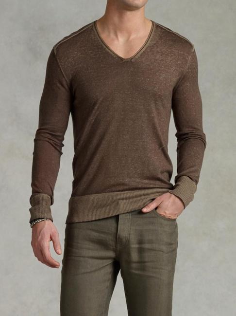 John Varvatos Suede Trim Reverse Print Sweater