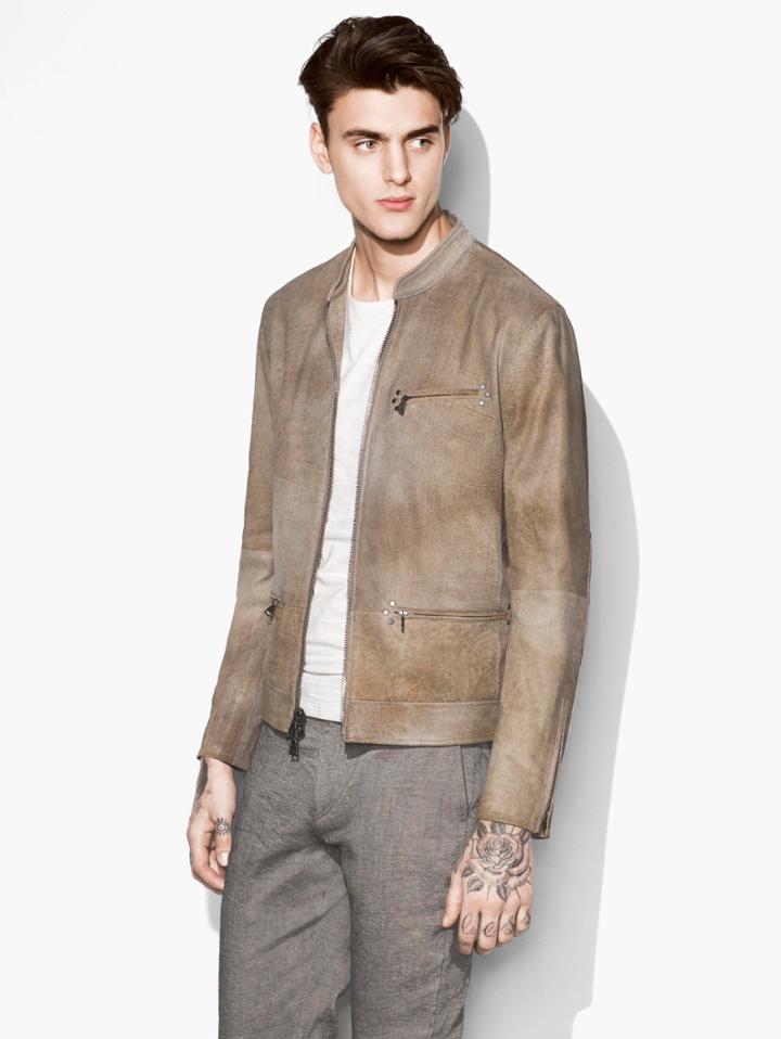 John Varvatos Textured Leather Caf Racer Jacket Clay Heather Size: 44