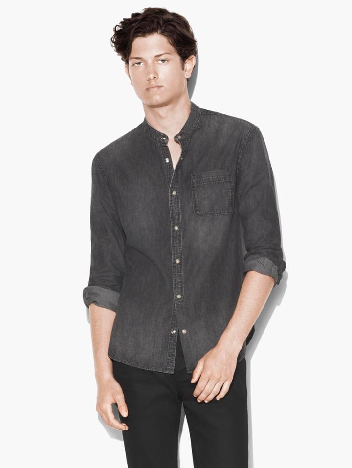 John Varvatos Band Collar Denim Shirt Charcoal Size: Xs