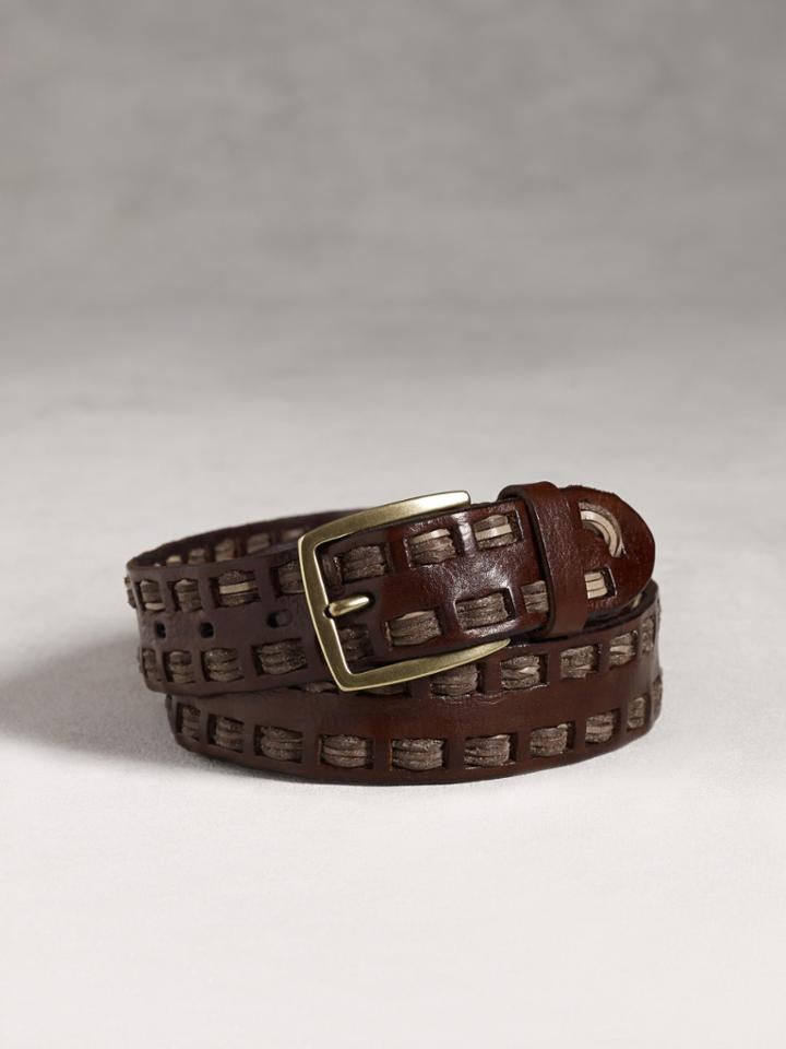 John Varvatos Linen Stitch Leather Belt W Harness Buckle Brown Size: 32