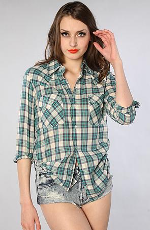 Washborn Women's The Checkered Shirt in Green, Tops (L/S)