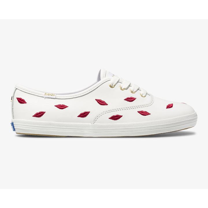 Keds X Kate Spade New York Champion Leather Embroidered Lips Multi White, Size 9.5m Women Inchess Shoes