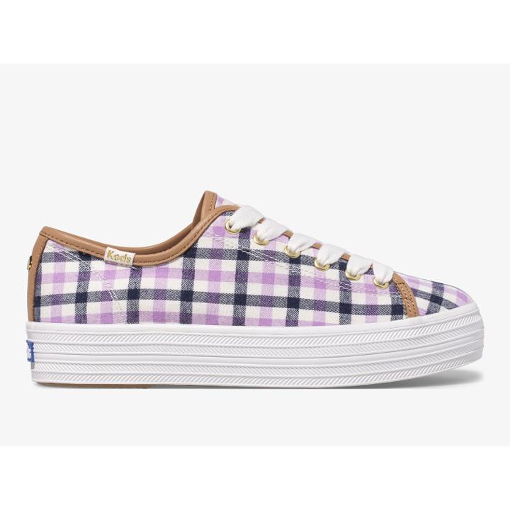 Keds X Kate Spade New York Triple Kick Gingham Flannel Cream Purple, Size 9m Women Inchess Shoes