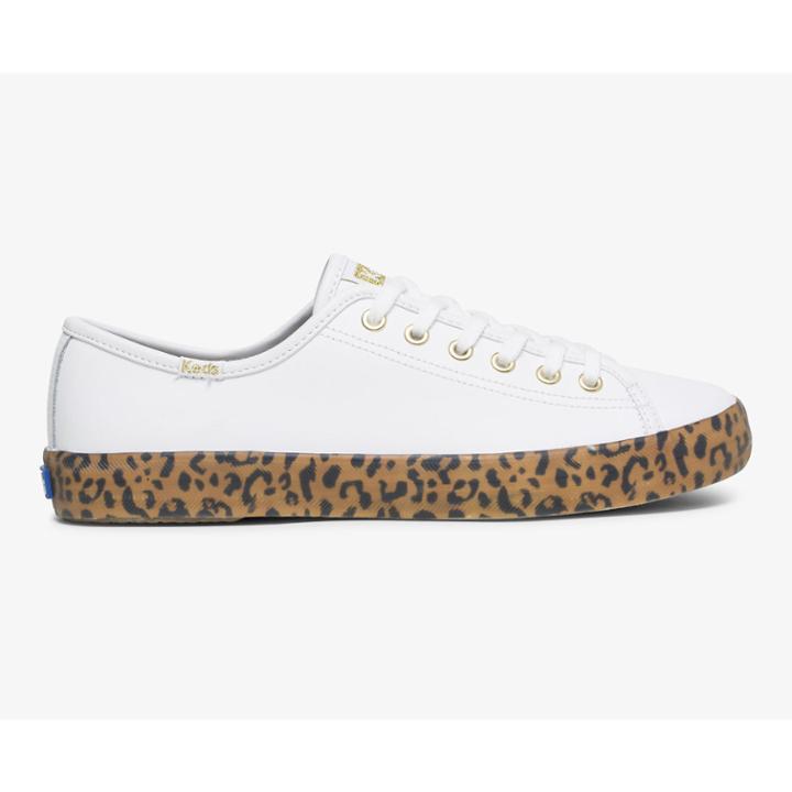 Keds Kickstart Leather Leopard Foxing White Tan, Size 6m Women Inchess Shoes