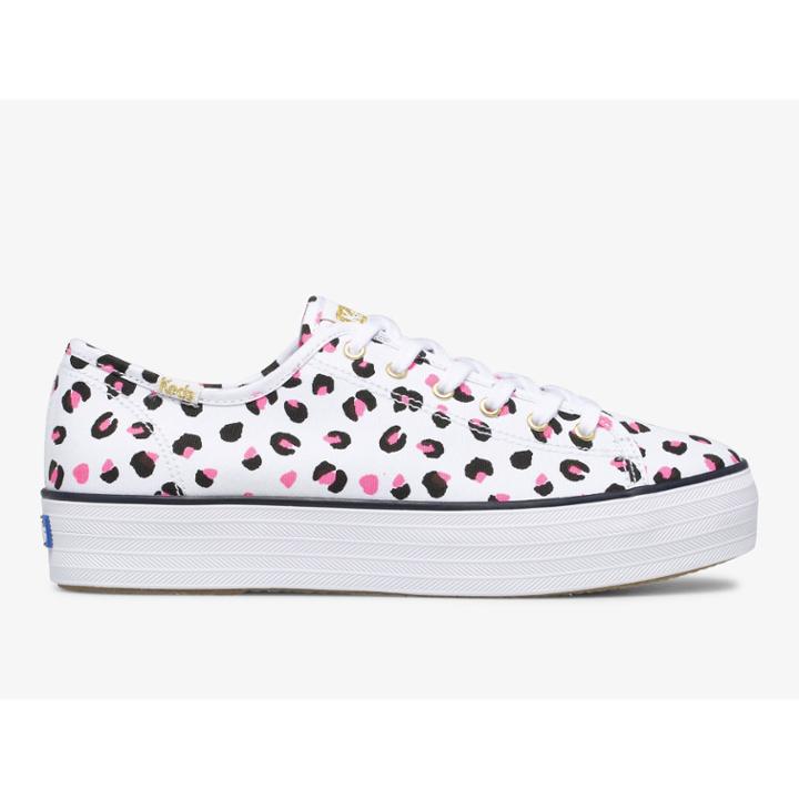 Keds Triple Kick Leopard Canvas White Multi, Size 5m Women Inchess Shoes