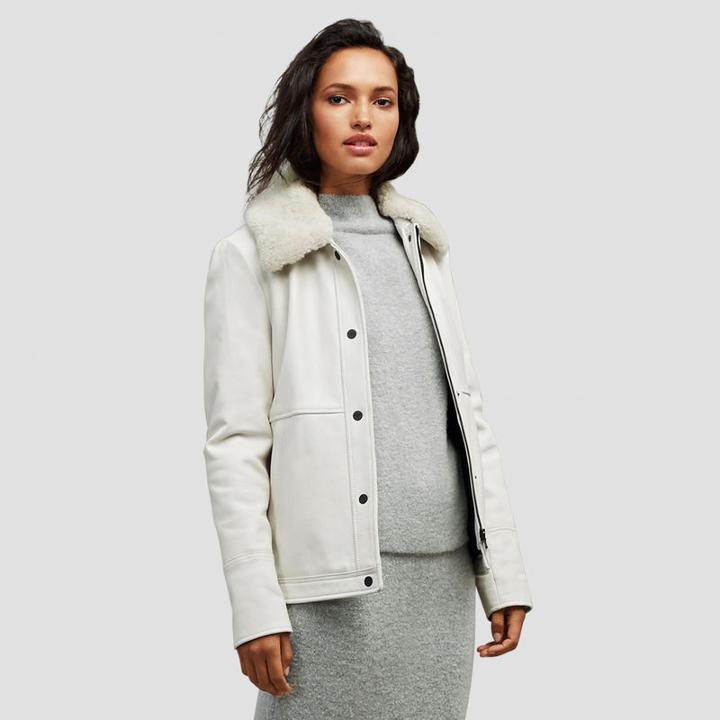 Kenneth Cole Black Label Leather Jacket With Shearling Collar - Ivory
