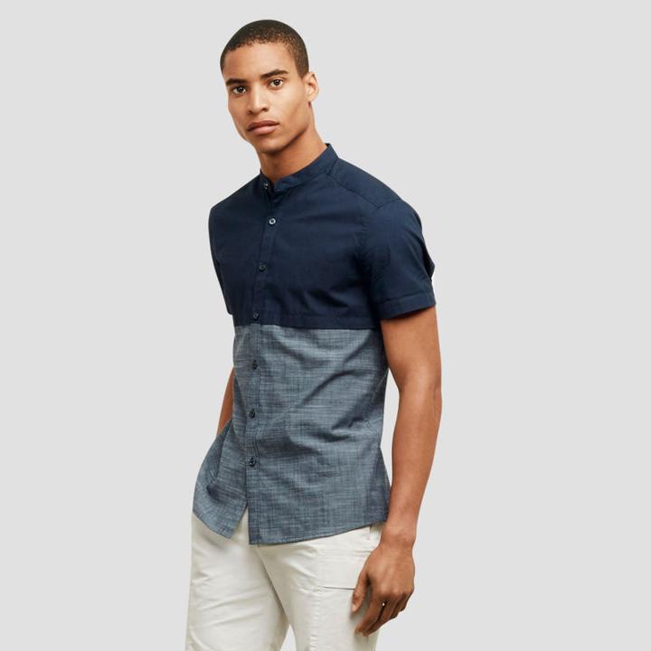 Reaction Kenneth Cole Color Block Mandarin Collar Shirt - Indigo