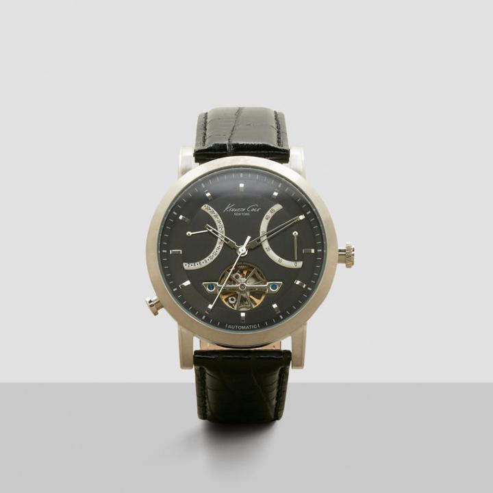 Kenneth Cole New York Silvertone Automatic Black Croco Leather Strap Watch - Neutral