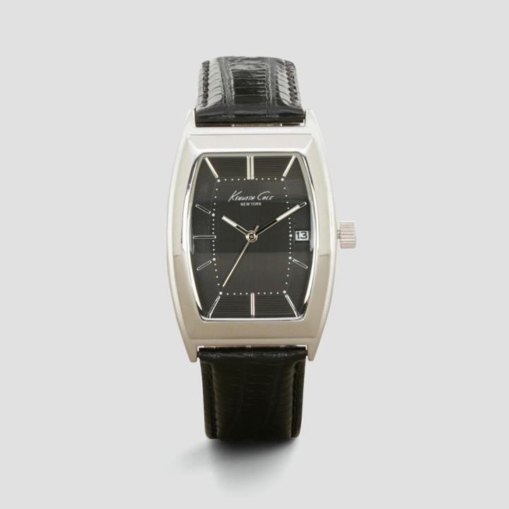 Kenneth Cole New York Silvertone Black Leather Strap Barrel Watch - Neutral