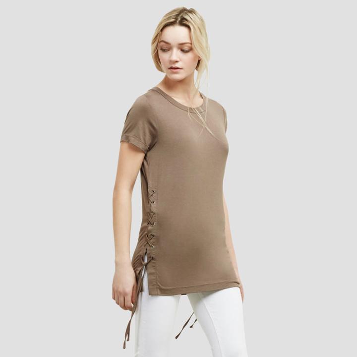 Kenneth Cole New York Knit Tee With Lace-up Grommets - Truffle