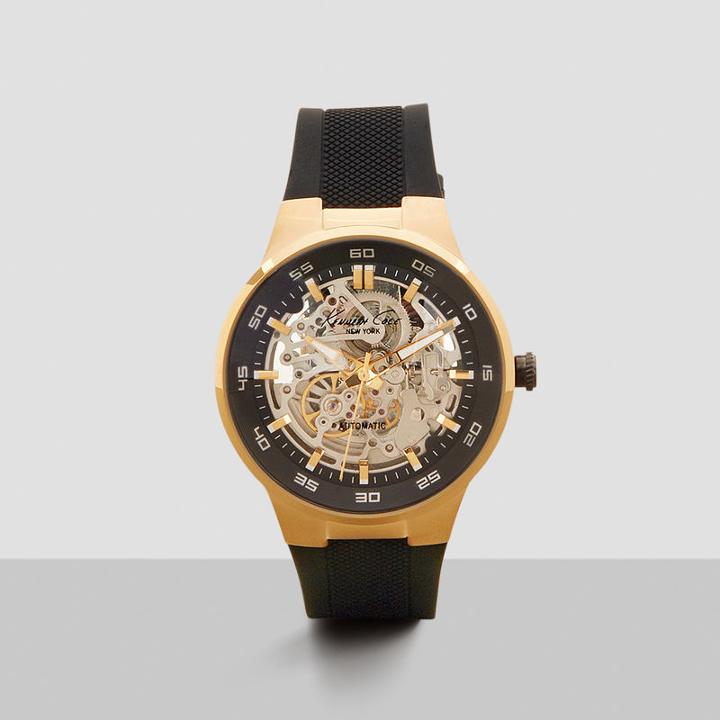 Kenneth Cole New York Goldtone Automatic Skeleton Black Silicone Strap Watch - Neutral