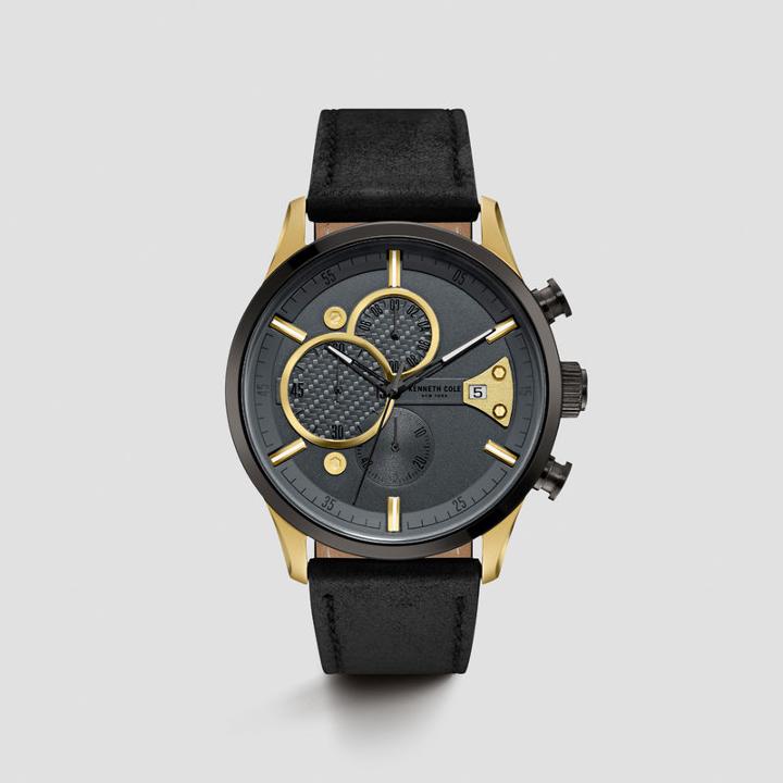 Kenneth Cole New York Black Leather Strap Chronograph Watch With Goldtone Details - Neutral