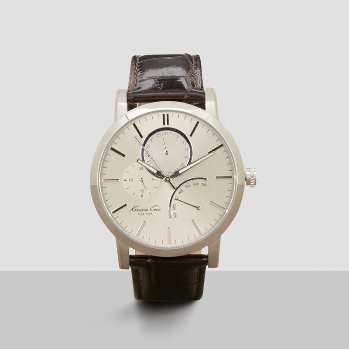 Kenneth Cole New York Silvertone Watch With Croc Leather Strap - Neutral