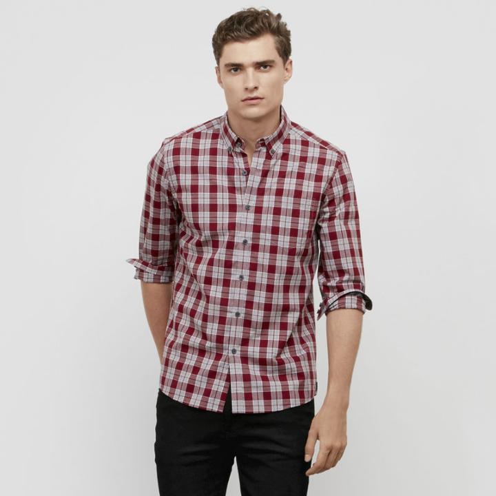 Kenneth Cole New York Long Sleeve Heather Plaid Shirt - Sedonaredcmb