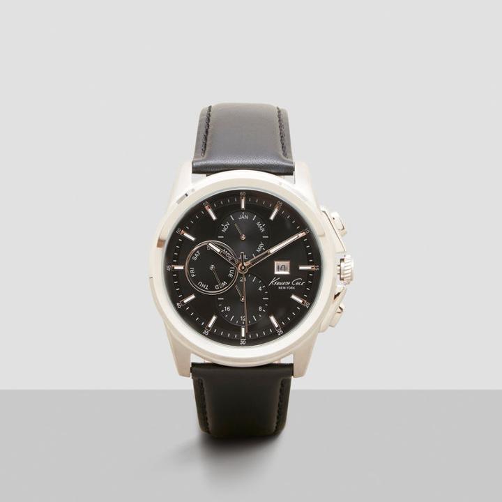 Kenneth Cole New York Silvertone Chronograph Watch With Black Leather Strap - Neutral