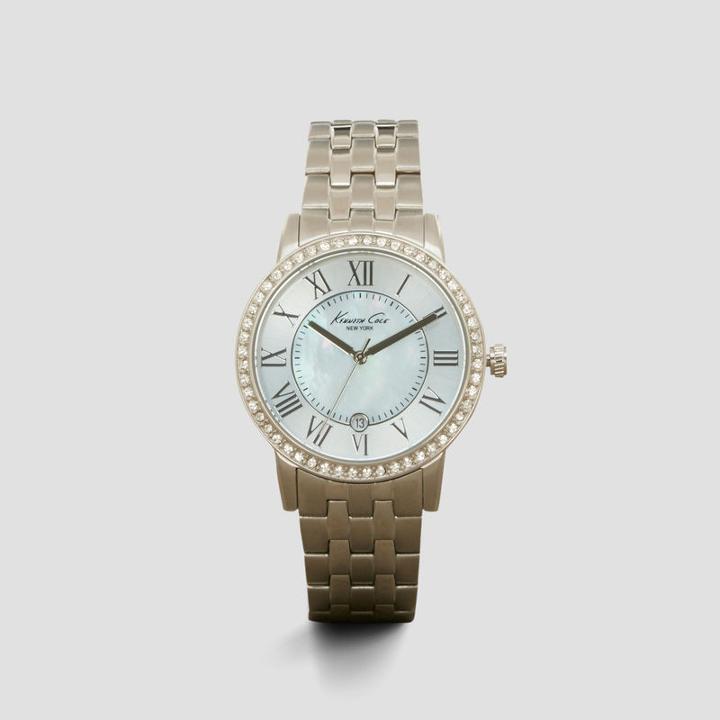 Kenneth Cole New York Silvertone Pave Rhinestone Mother Of Pearl Link Watch - Neutral