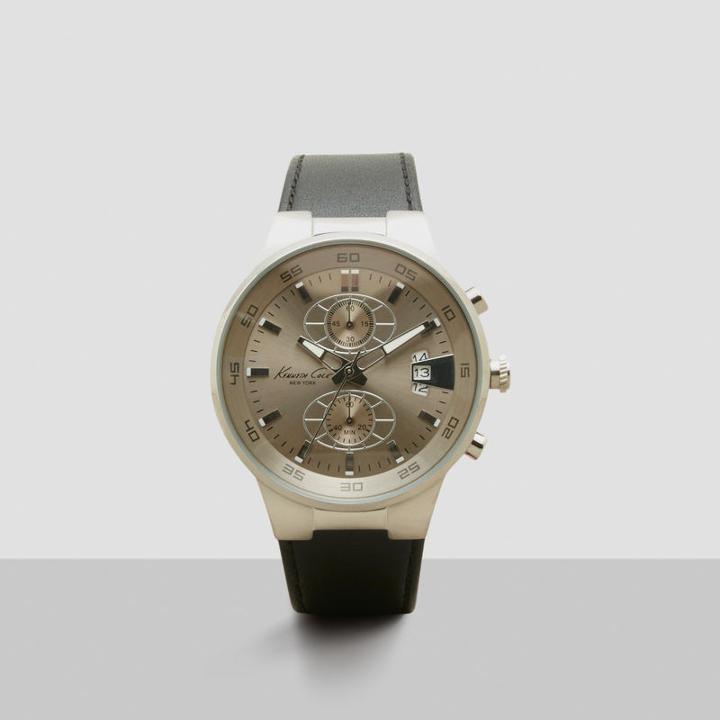Kenneth Cole New York Silvertone Chronograph Black Leather Strap Watch - Neutral