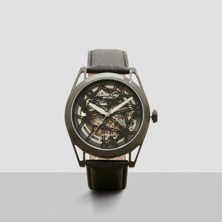 Kenneth Cole New York Automatic Gunmetal Skeleton Black Leather Strap Watch - Neutral