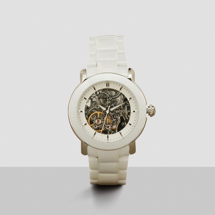Kenneth Cole New York White Skeleton Automatic Ceramic Link Watch - Neutral
