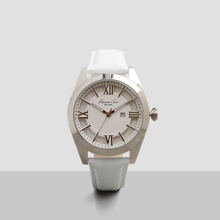 Kenneth Cole New York Silver Watch With White Leather Strap - Neutral