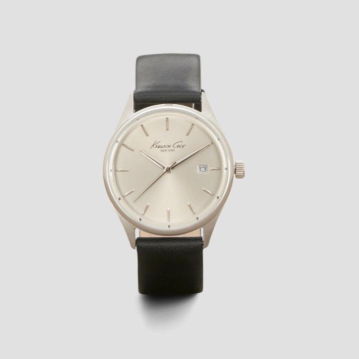 Kenneth Cole New York Silvertone Watch With Black Leather Strap - Neutral