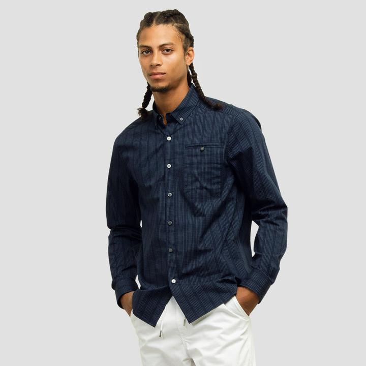 Kenneth Cole New York Striped Check Button-front Shirt - Indigo