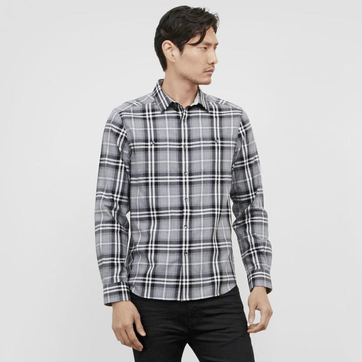 Reaction Kenneth Cole Heather Plaid Button Front Shirt - Hthr Grey Cm