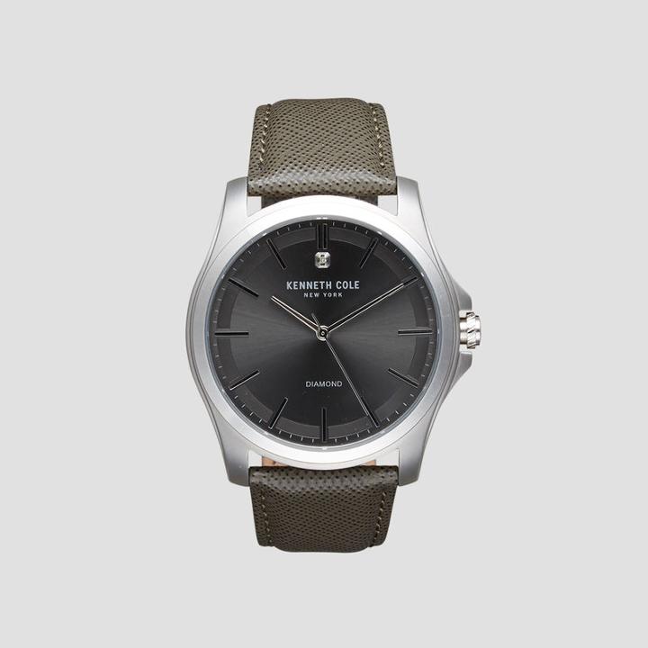 Kenneth Cole New York Diamond Collection Silvertone Watch With Grey Leather Strap - Neutral