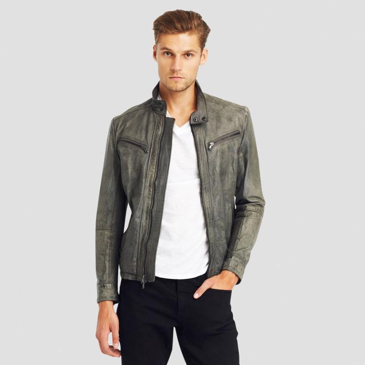 Kenneth Cole New York Overdyed Leather Moto Jacket - Dim Grey