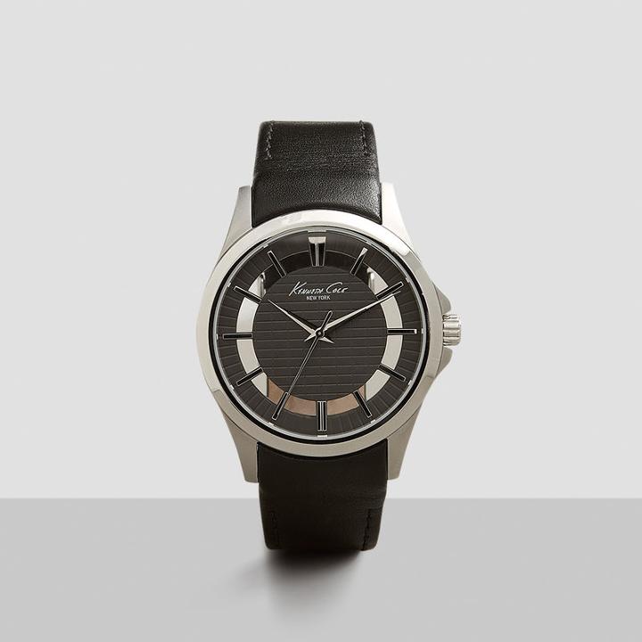 Kenneth Cole New York Silver Transparent Watch With Black Leather Strap - Neutral