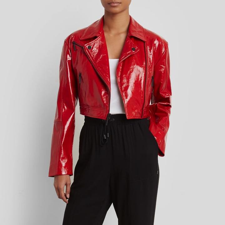 Kenneth Cole New York Cropped Patent Leather Moto Jacket - Patriot Red