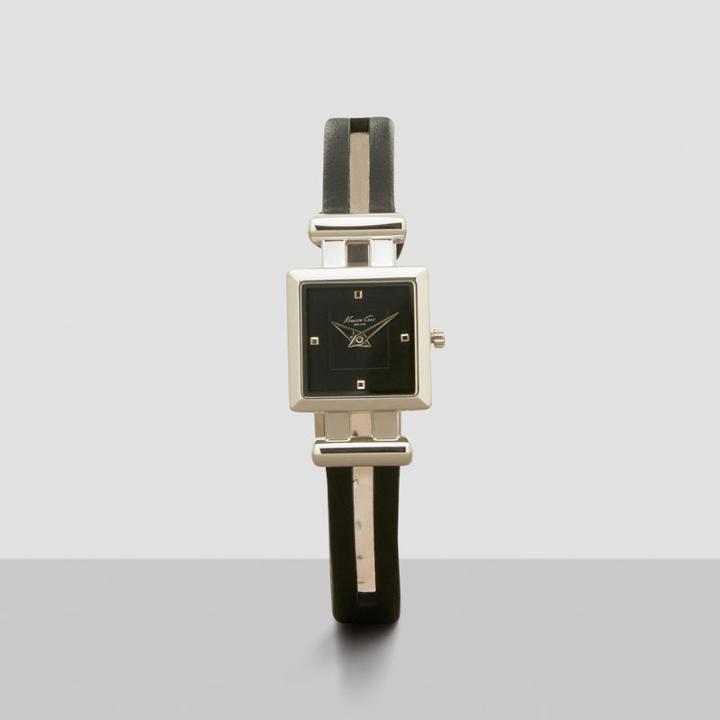 Kenneth Cole New York Slim Silvertone Square Black Leather Strap Watch - Neutral