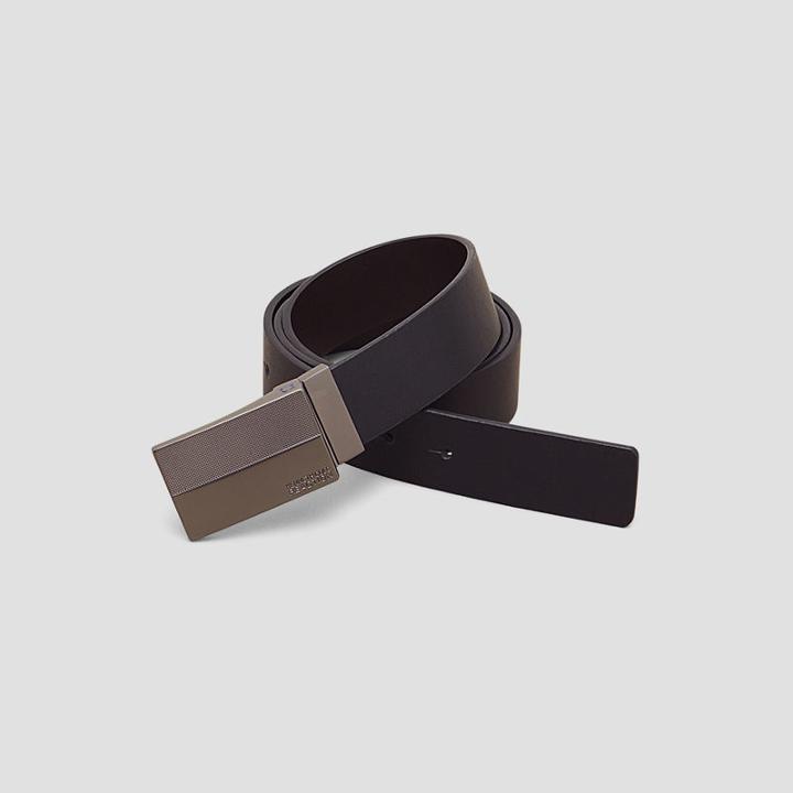 Kenneth Cole New York Black Leather Belt With Textured Plaque - Black/brown
