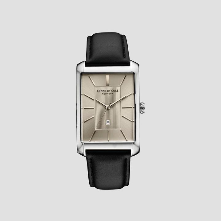 Kenneth Cole New York Silver-tone And Grey Tank Watch With Black Leather Strap - Neutral