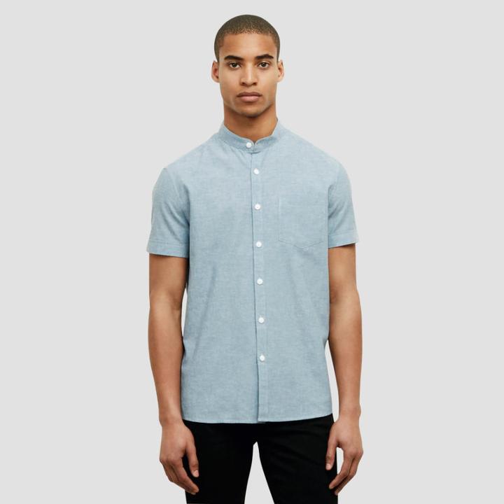 Kenneth Cole New York Short Sleeve Mandarin Collar Shirt - Light Indigo
